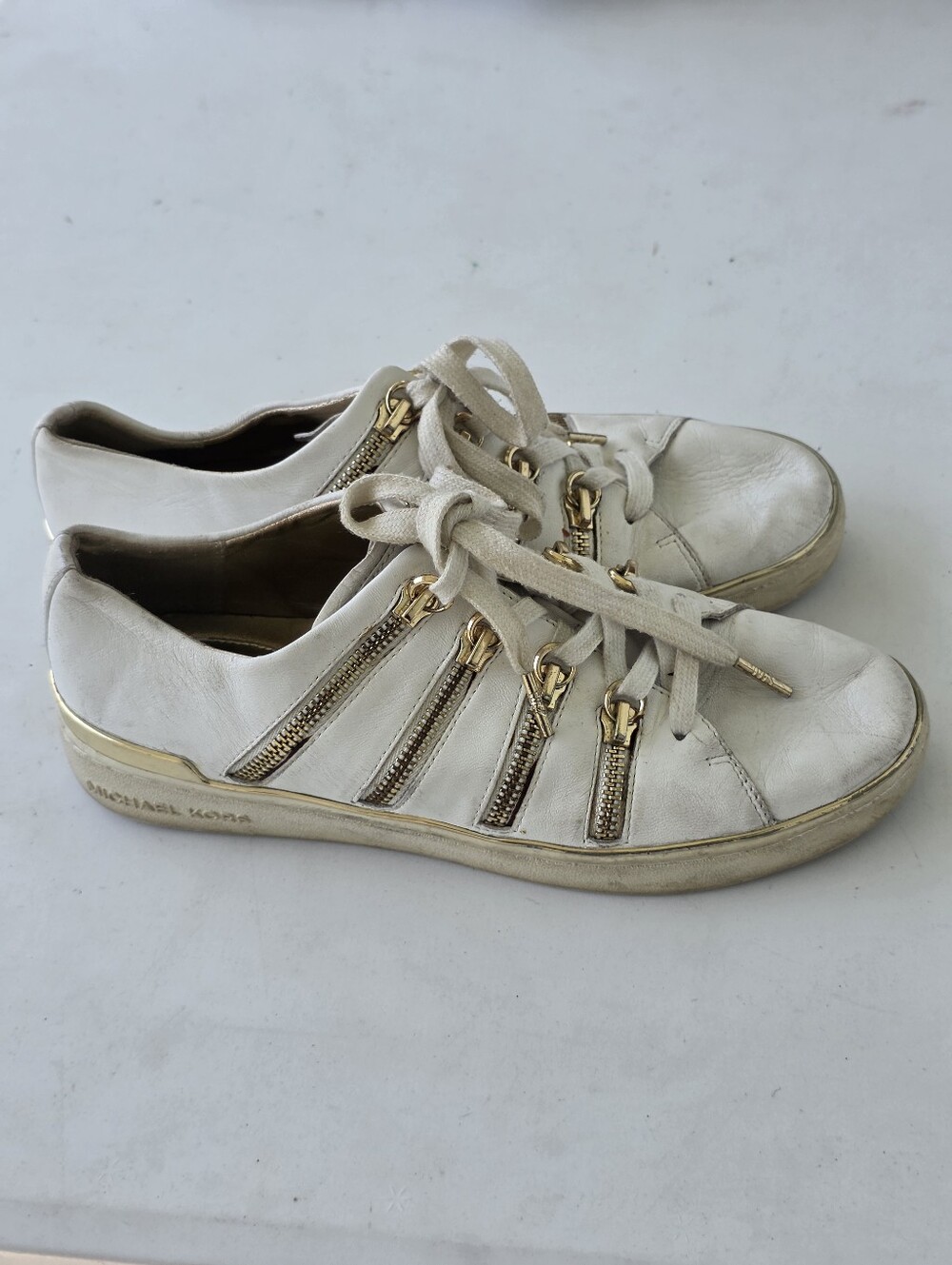 Michael Kors White Leather Zip Lace Up Sneakers Women's US 8.5M Gold Shoes